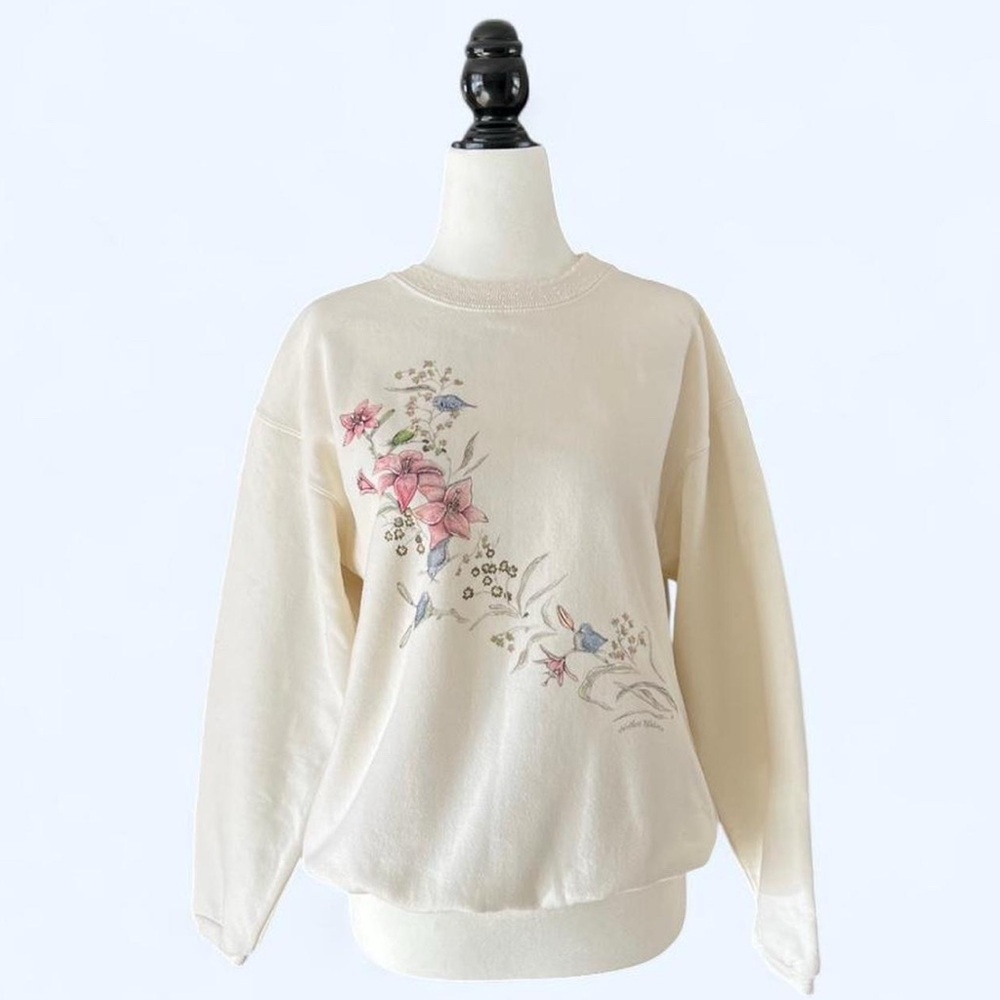 90s Northern Reflections Floral Lily Nature Bird Print Cream Cottagecore Sweater